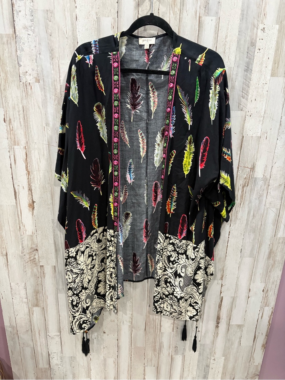 Umgee Black Feather Print Kimono Tassel Boho Open Front S/M Western Cowgirl